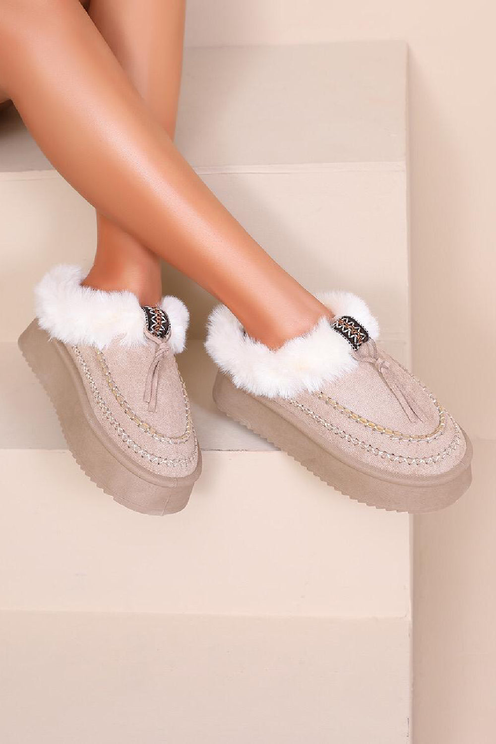 KHAKI FAUX FUR LINED WINTER WARM SLIP ON BOOTS SLIPPERS