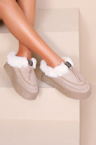 KHAKI FAUX FUR LINED WINTER WARM SLIP ON BOOTS SLIPPERS