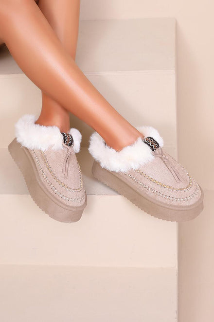 KHAKI FAUX FUR LINED WINTER WARM SLIP ON BOOTS SLIPPERS