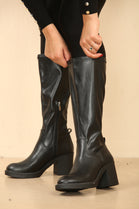 Black Block Heel Calf High Stretch PU Boot