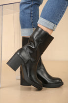 BLACK MID CALF ANKLE BOOT