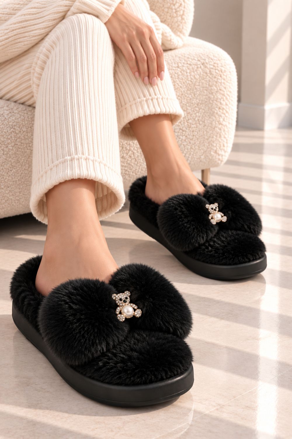 Cosy Black Slippers with Crystal Charms | Wholesale