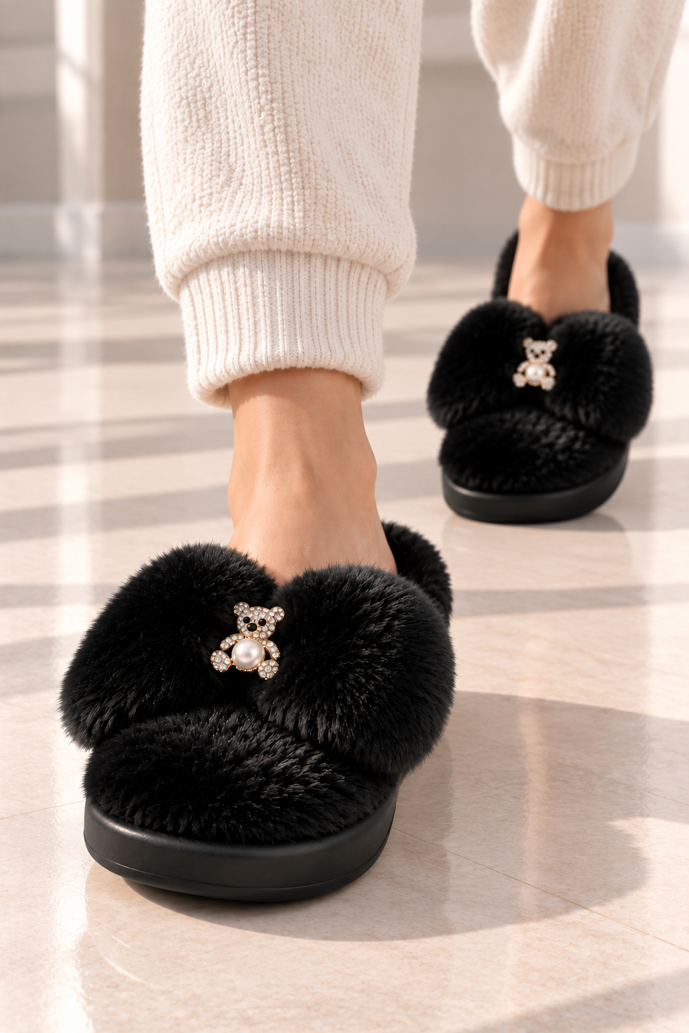 Cosy Black Slippers with Crystal Charms | Wholesale
