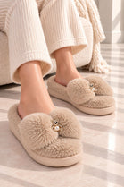 Cosy Khaki Slippers with Crystal Charms | Wholesale