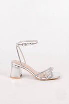 Women’s Silver Metallic Sparkling Rhinestone Strappy Block Heel Sandals | Bridal & Evening Collection