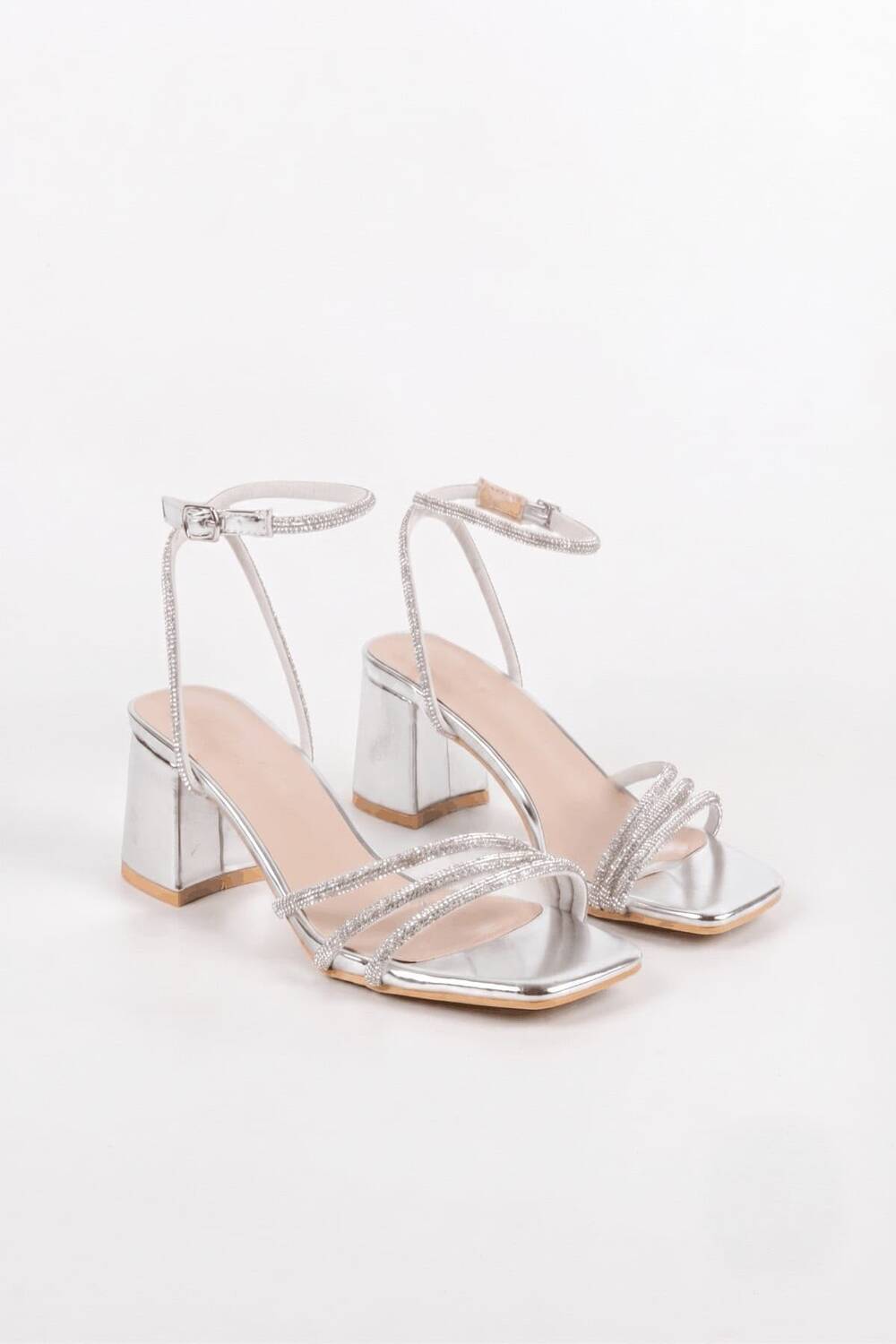 Women’s Silver Metallic Sparkling Rhinestone Strappy Block Heel Sandals | Bridal & Evening Collection