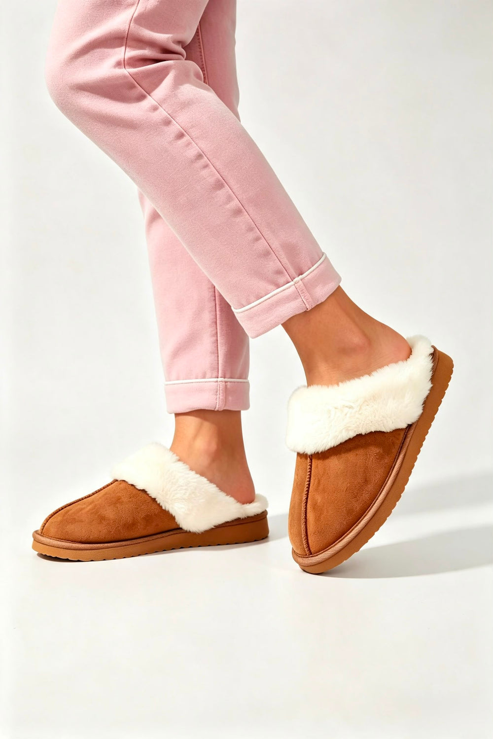 Chestnut Suede Faux Fur Lined Slip-on Flat Slippers
