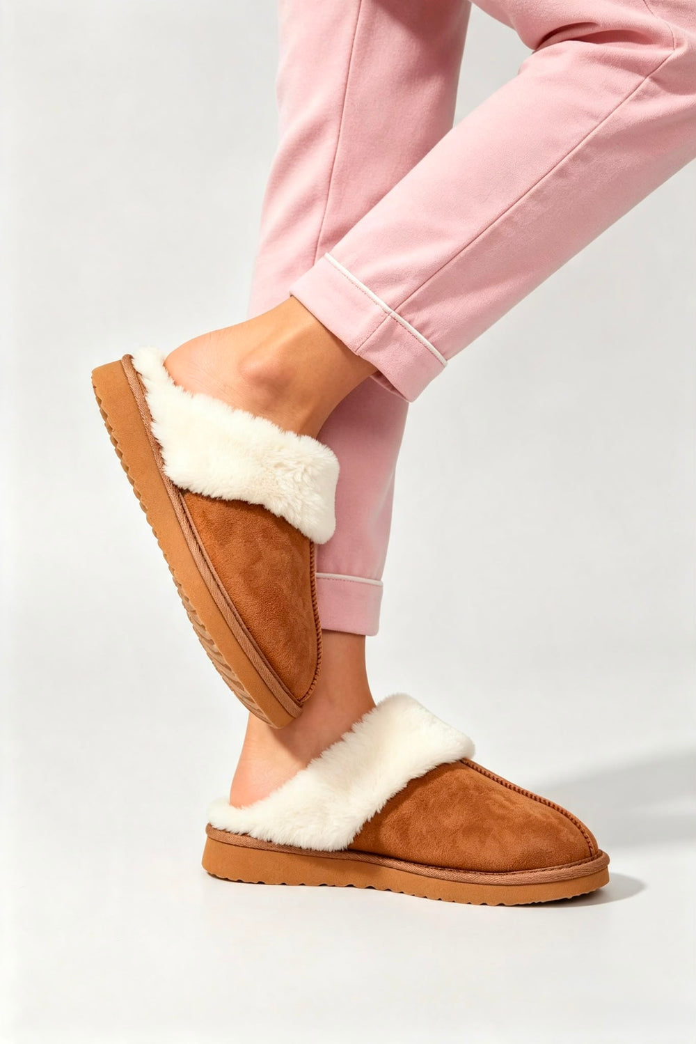 Chestnut Suede Faux Fur Lined Slip-on Flat Slippers
