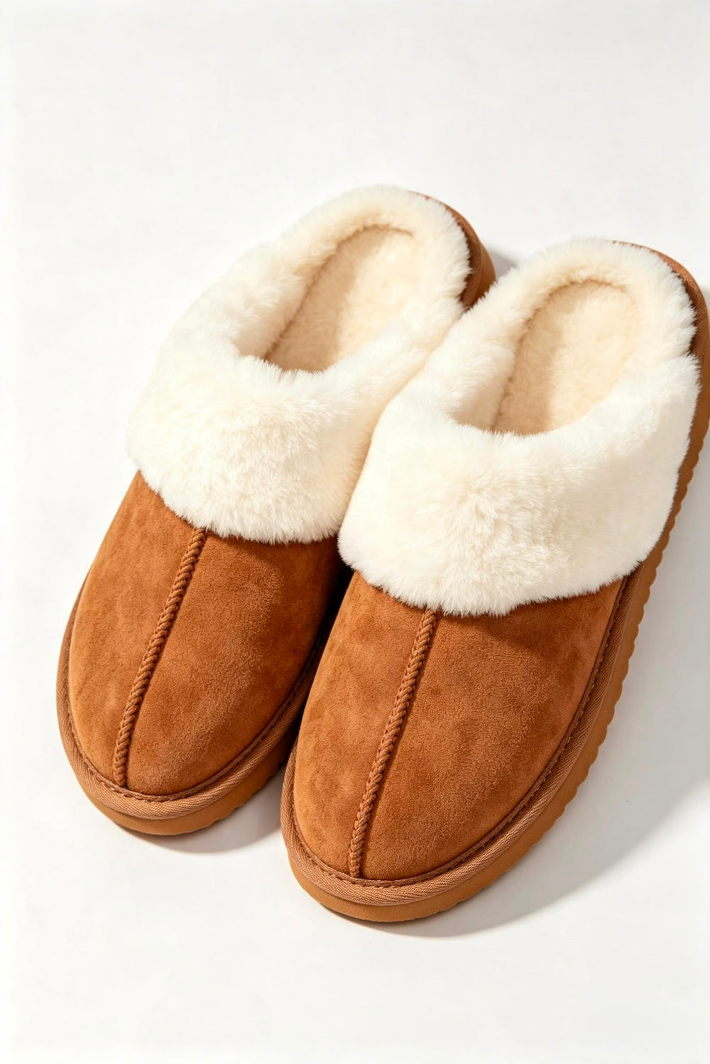 Chestnut Suede Faux Fur Lined Slip-on Flat Slippers