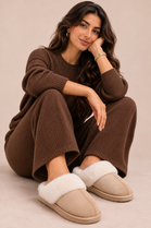Cream Suede Faux Fur Lined Slip-on Flat Slippers