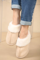 WOMENS WARM CREAM SUEDE SNUG FAUX FUR SLIPPERS