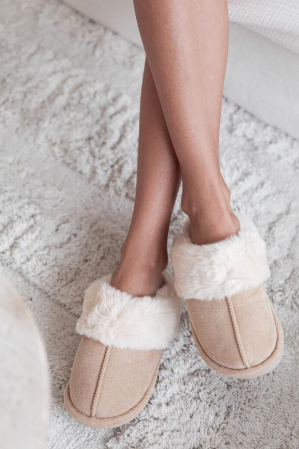 Cream Faux Fur Lined Slip-on Slippers