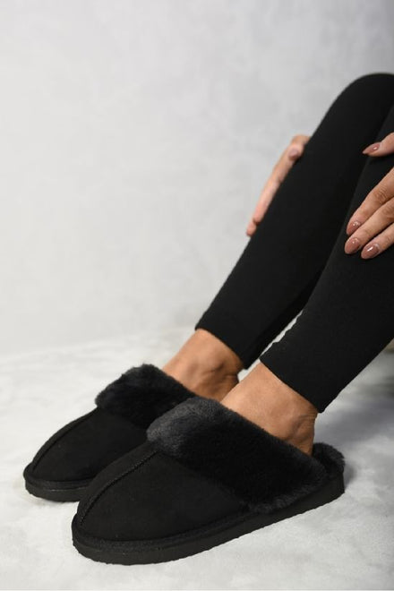 Black Faux Fur Lined Slip-on Slippers