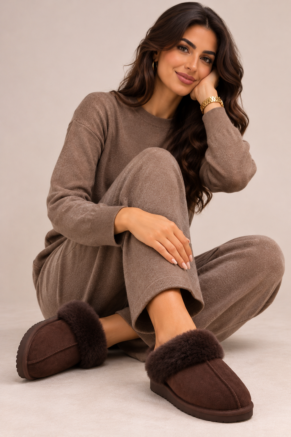 Brown Suede Faux Fur Lined Slip-on Flat Slippers