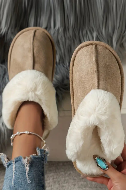 WOMENS WARM CAMEL SUEDE SNUG FAUX FUR SLIPPERS