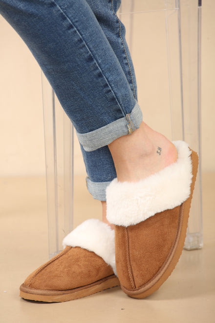 Chestnut Faux Fur Lined Slip-on Slippers