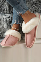 WOMENS WARM PINK SUEDE SNUG FAUX FUR SLIPPERS