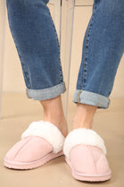 WOMENS WARM PINK SUEDE SNUG FAUX FUR SLIPPERS