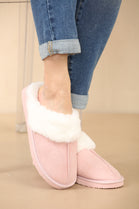 WOMENS WARM PINK SUEDE SNUG FAUX FUR SLIPPERS