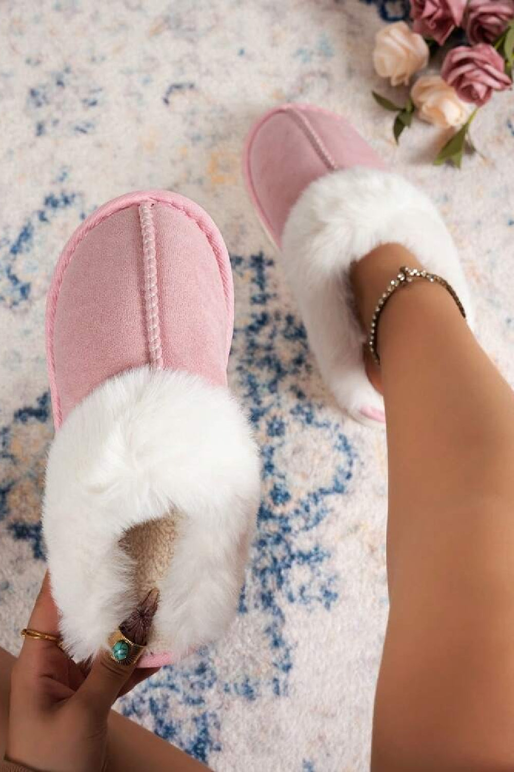 Pink Faux Fur Lined Slip-on Slippers