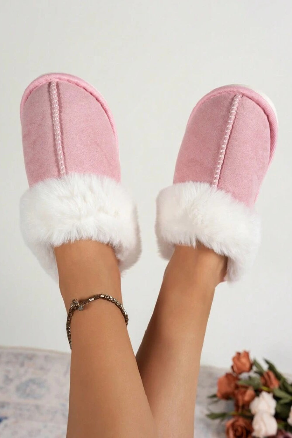 Pink Faux Fur Lined Slip-on Slippers