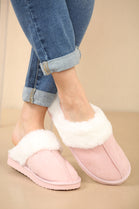 WOMENS WARM PINK SUEDE SNUG FAUX FUR SLIPPERS