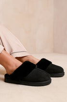 WOMENS WARM BLACK SUEDE SNUG FAUX FUR SLIPPERS