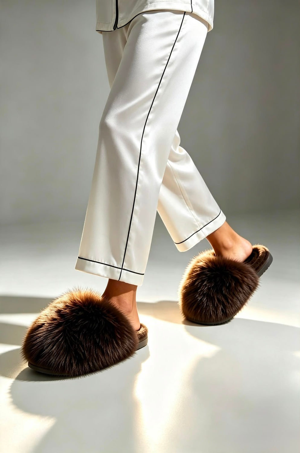 Brown Faux Fur Fluffy Slippers - 12 Pairs