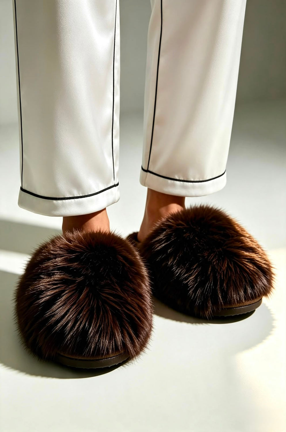 Brown Faux Fur Fluffy Slippers - 12 Pairs