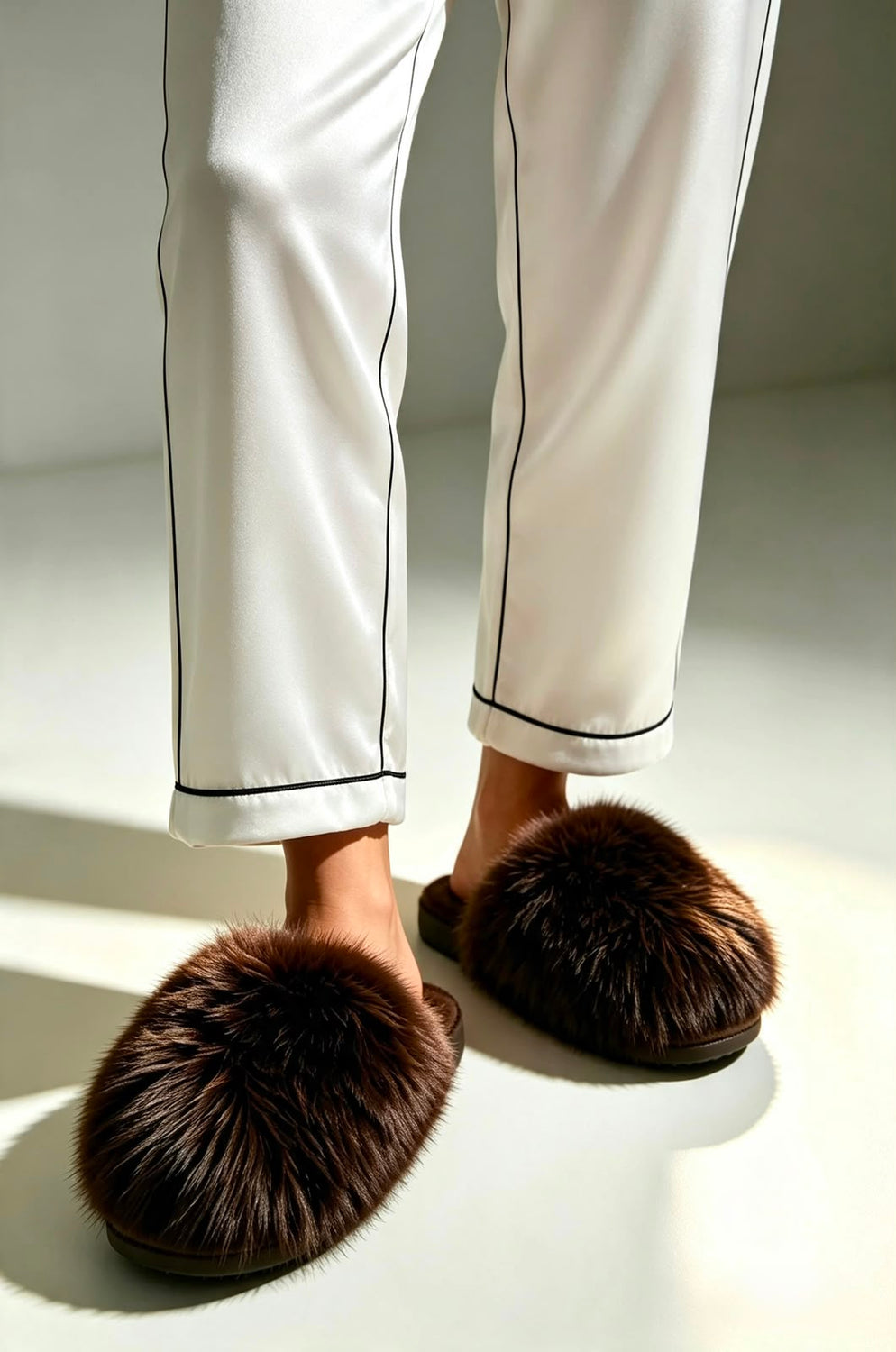 Brown Faux Fur Fluffy Slippers - 12 Pairs