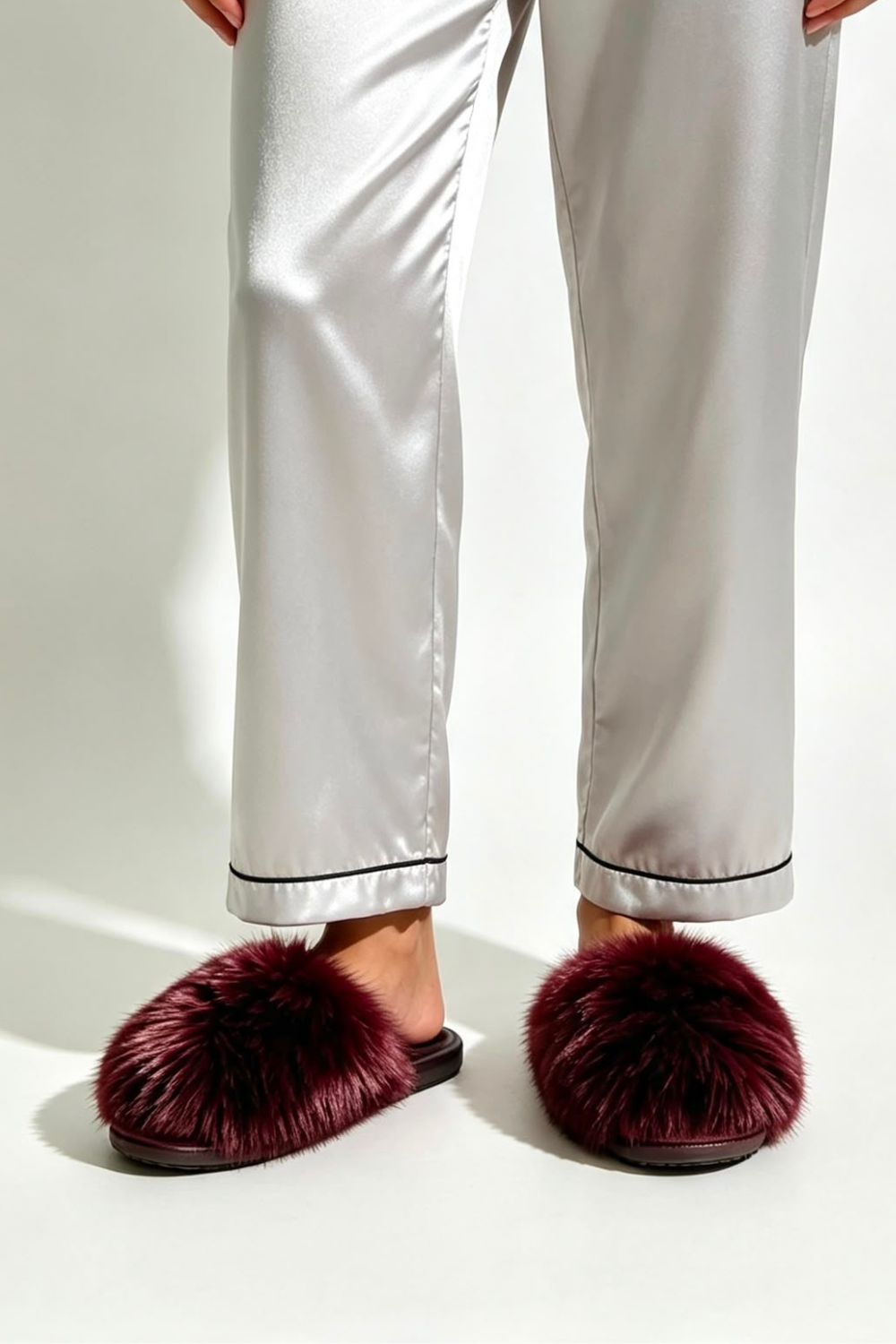 Burgundy Faux Fur Fluffy Slippers - 12 Pairs