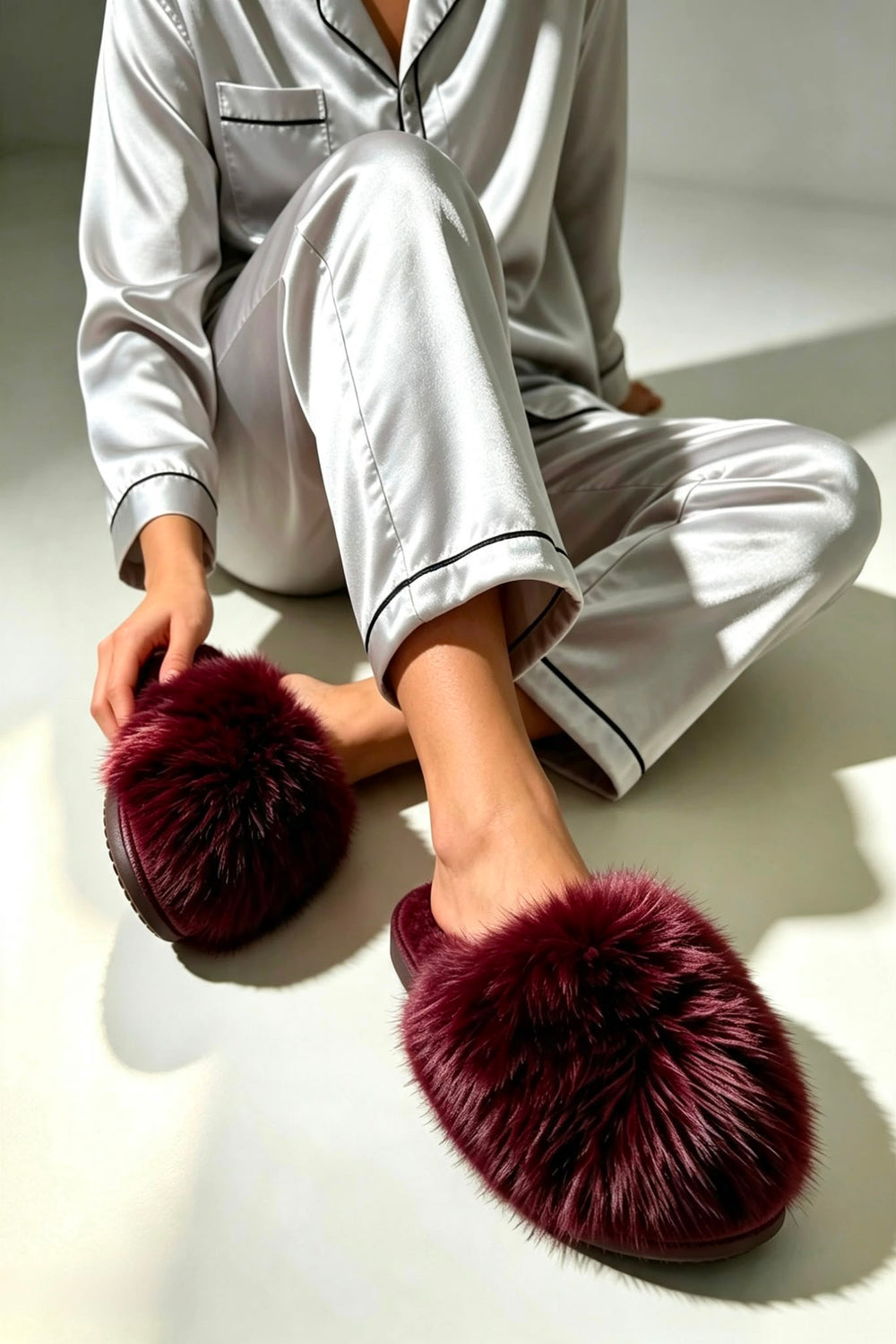 Burgundy Faux Fur Fluffy Slippers - 12 Pairs