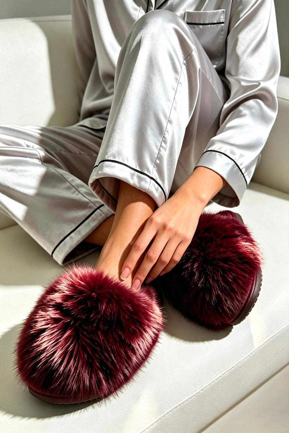 Burgundy Faux Fur Fluffy Slippers - 12 Pairs