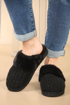 WOMENS KNITTED BLACK SNUG FAUX FUR SLIPPERS