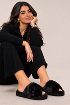Black Faux Fur Cross Strap Fluffy Mule Slippers