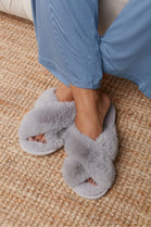 Grey Cross Strap Faux Fur Slipper