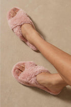Pink Cross Strap Faux Fur Slippers