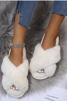 WOMENS CROSSOVER OFF WHITE SNUG FAUX FUR SLIPPERS