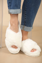White Cross Strap Faux Fur Slippers