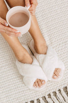 White Cross Strap Faux Fur Slippers