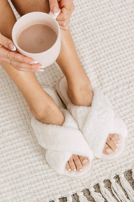 White Cross Strap Faux Fur Slippers