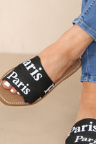 BLACK PRINTED LOGO FLAT SLIDERS SANDALS