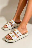 White Woven Dual-Strap Gold Seashell Charm Platform Slide Sandals