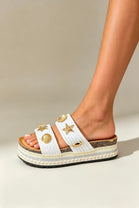 White Woven Dual-Strap Gold Seashell Charm Platform Slide Sandals