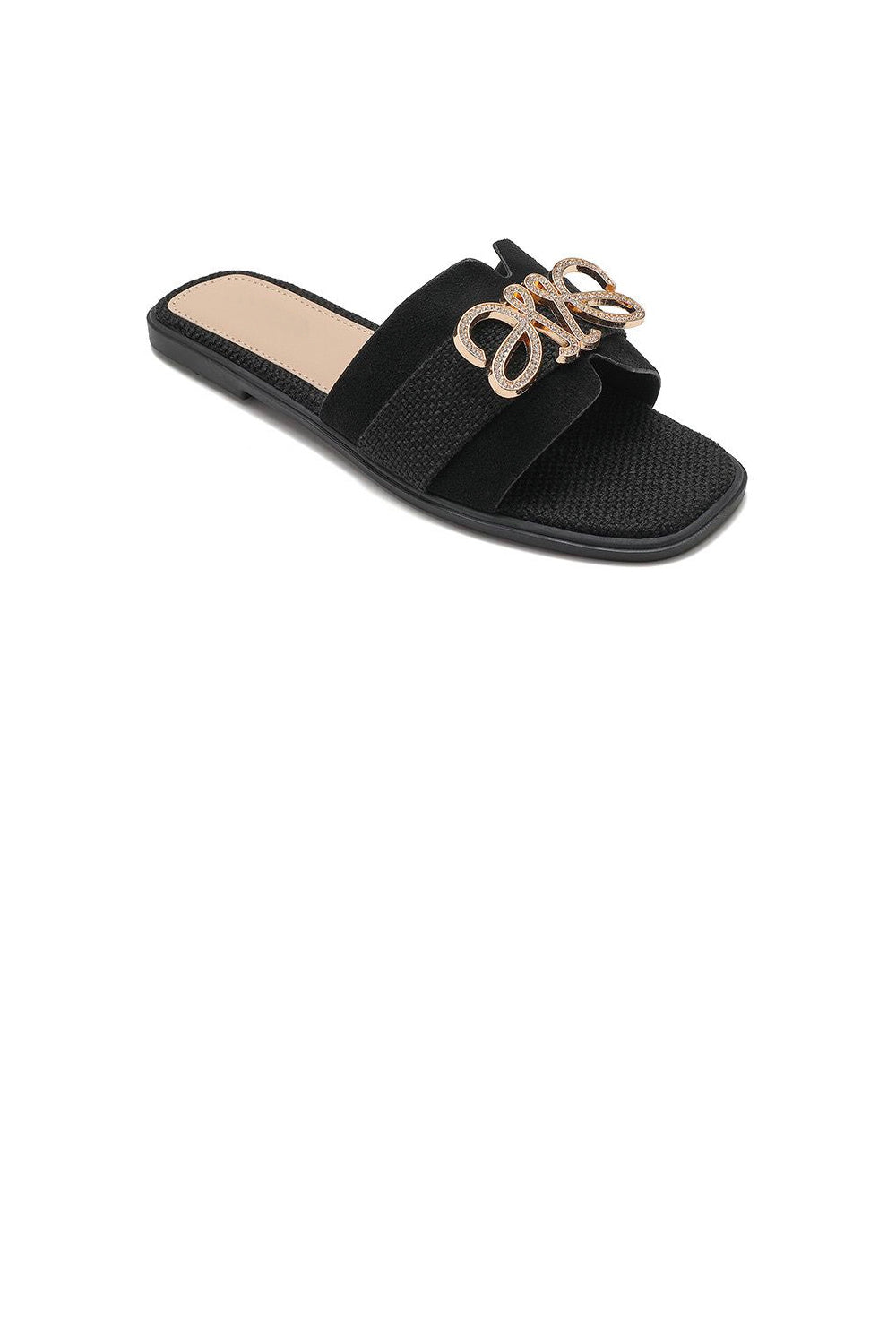 BLACK SLIP ON DIAMNATE TRIM FLAT SLIDERS SUMMER SANDALS