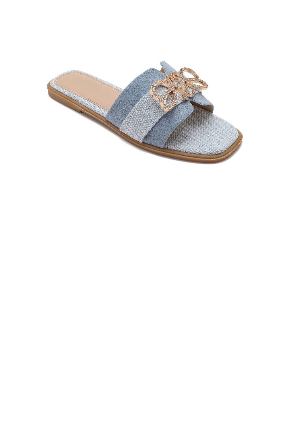 BLUE SLIP ON DIAMNATE TRIM FLAT SLIDERS SUMMER SANDALS