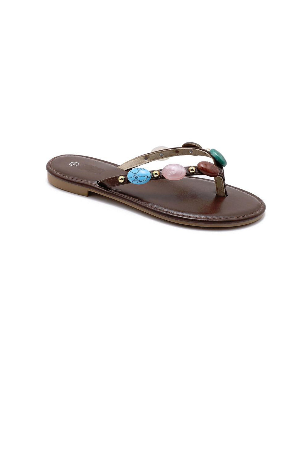 Women's Brown Pu Gemstone Strap Flat Sandals Thong Slides