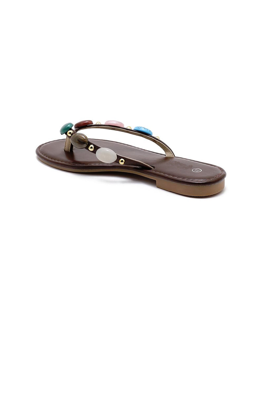 Women's Brown Pu Gemstone Strap Flat Sandals Thong Slides