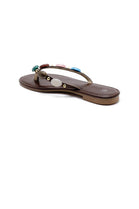 Women's Brown Pu Gemstone Strap Flat Sandals Thong Slides