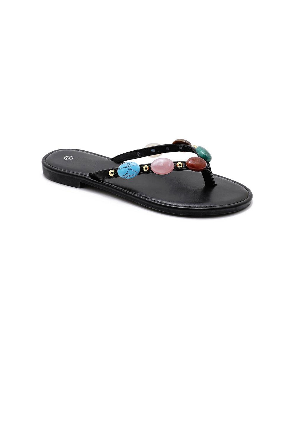 Women's Black Pu Gemstone Strap Flat Sandals Thong Slides
